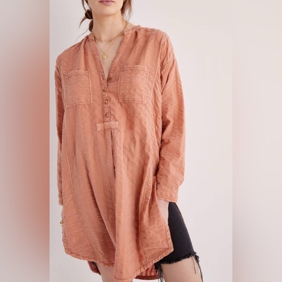 Anthropologie Tops - Anthropologie Pilcro Gauzy Stripe Button Front Tunic Top Large Orange Beach Boho